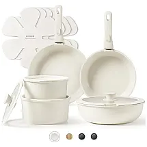 Jogo de Panelas e Frigideiras Antiaderentes, Material em Granito com 15 Peças e Cabo Removível, CAROTE, Branco Creme