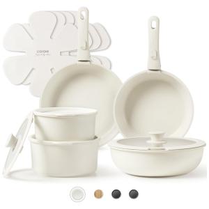 Jogo de Panelas e Frigideiras Antiaderentes, Material em Granito com 15 Peças e Cabo Removível, CAROTE, Branco Creme