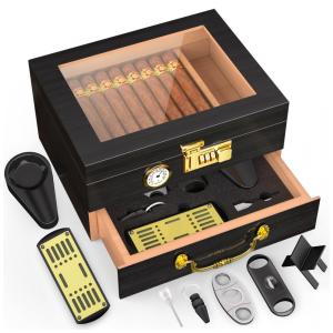 Umidor de Charutos TRBIHCX com Trava de Senha, Gaveta para Acessórios e Conjunto Completo de Acessórios - Comporta 20-50 Charutos