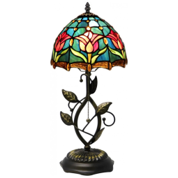 Luminária de Mesa Tiffany MQYXH Tulipas Vermelhas e Azuis em Vidro Colorido com Base em Resina Bronze 20x20x46 cm