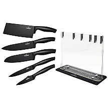 Conjunto de Facas em Aço Inoxidável com Bloco de Bancada em Acrílico e Cutelo, 5 Peças, GK Steel, Preto