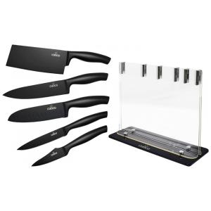 Conjunto de Facas em Aço Inoxidável com Bloco de Bancada em Acrílico e Cutelo, 5 Peças, GK Steel, Preto