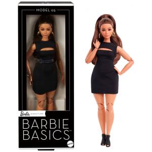 Boneca colecionável Barbie Basics Model 05 com cabelo castanho, vestido preto curto e corpo curvy articulado 2025