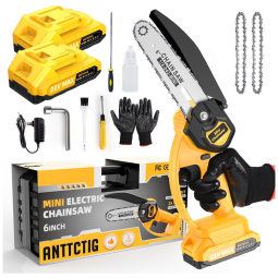 Mini Motosserra Elétrica Portátil para Poda de Galhos com Bateria de 21V e 2 Correntes, Anttctig, Laranja