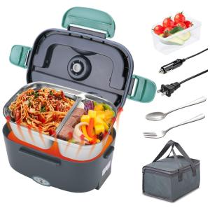 Marmita Elétrica Portátil 1,5L com 2 Compartimentos, á Prova de Vazamentos e Recipiente Removível, 12V 24V 110V, Kabbas, Azul