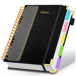 Caderno universitário espiral capa dura GDGDSY B5 8x10, 5 matérias, 300 páginas pautadas, divisórias removíveis, capa couro sintético preto