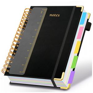 Caderno universitário espiral capa dura GDGDSY B5 8x10, 5 matérias, 300 páginas pautadas, divisórias removíveis, capa couro sintético preto