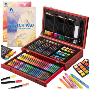 Kit Lápis de Cor Profissional com Maleta de Madeira 146 peças Tintas Acrílicas, Aquarela e 2 Blocos de Desenho, VIGORFUN, Marrom