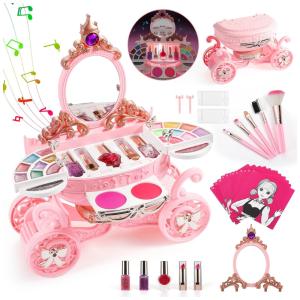Kit de Maquiagem Infantil Lavável com Mais de 5 Peças e Estojo em Forma de Carruagem para Crianças de 4 a 12 Anos, Winjess, Rosa