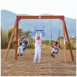 Conjunto de Balanço Infantil﻿ 3 Assentos Dolphin Playground T Madeira Cedro Natural Estrutura Triangular com 7 Furos para Balanço