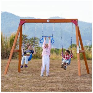 Conjunto de Balanço Infantil﻿ 3 Assentos Dolphin Playground T Madeira Cedro Natural Estrutura Triangular com 7 Furos para Balanço