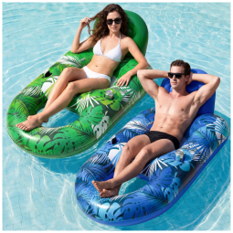 Boia flutuante inflavel FindUWill azul e verde com encosto, assento em tela, porta-copo e porta-celular, PVC, 165cm x 107cm, kit 2 unidades