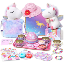 Jogo de Chá Infantil 27 Peças com Tema de Unicórnio, Bolsa Crossbody e Acessórios para Crianças Acima de 3 Anos, Tacobear, Rosa