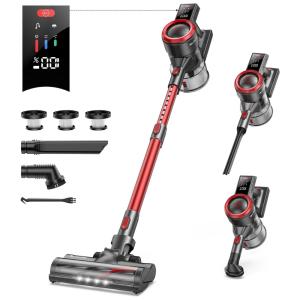 Aspirador Recarregável sem Fio 500W 38KPA com Tela de Toque Colorida Até 55 Minutos de Uso, 110V, BuTure, Vermelho e Cinza
