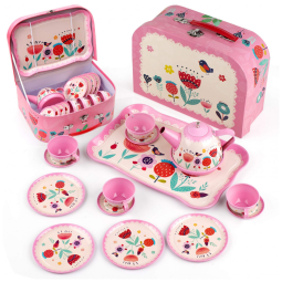 Jogo de Chá Infantil em Lata 15 Peças com Maleta de Transporte para Crianças Acima de 3 Anos, D-FantiX, Rosa