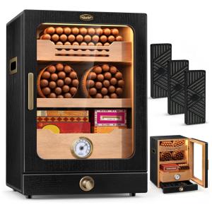 Umidor Scotte Iluminado com LED, 15L para 100-150 Charutos, Prateleiras de Cedro Espanhol, Gaveta de Acessórios, 3 Umidificadores