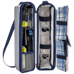 Bolsa Térmica para Vinhos ALLCAMP com Compartimento Refrigerado - Conjunto de Piquenique com Duas Séries de Talheres - Estampa Listrada Azul