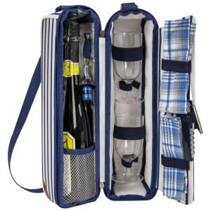 Bolsa Térmica para Vinhos ALLCAMP com Compartimento Refrigerado - Conjunto de Piquenique com Duas Séries de Talheres - Estampa Listrada Azul