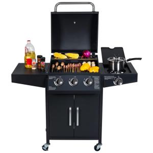 Churrasqueira a Gás 37.000 BTU com 3 Queimadores, 2 Portas e 1 Queimador Lateral em Aço Inoxidável, YU YUSING, Preto
