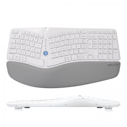 DELUX GM901D Teclado Ergonômico Sem Fio Recarregável Reduz a Tensão das Mãos com Descanso de Pulso e Luz LED, Branco