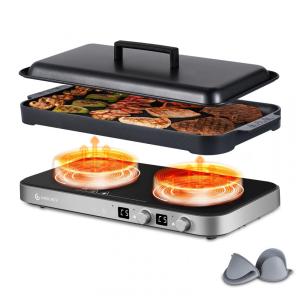 Cooktop Elétrico de Indução Portátil com Queimador Duplo, Frigideira de Ferro Fundido Removível Antiaderente, Sensor de Toque