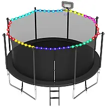 OFLAN Trampolim 3,66m para Adultos e Crianças 680kg, Design Sem Espaço, Rede, Cesta Basquete, Bola, 4 Estacas, Luzes, Escada, Preto