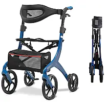 Andador Dobrável com Assento e Rodas Grandes, Suporta 158 kg, Loyoda, Azul