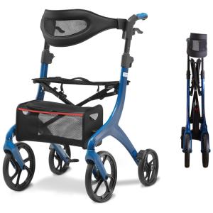 Andador Dobrável com Assento e Rodas Grandes, Suporta 158 kg, Loyoda, Azul