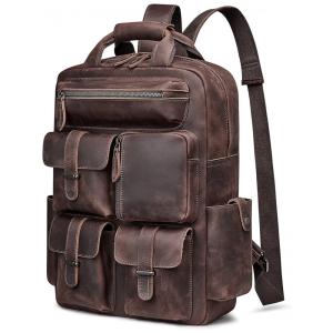 Mochila Vintage de Couro Casual com Vários Bolsos, S ZONE D04V274A, Marrom escuro