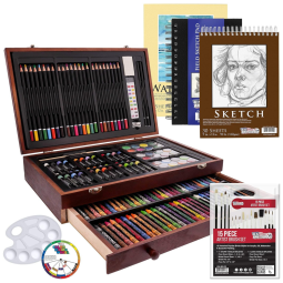 Lápis de Cor Profissional 162Pcs Maleta de Madeira para Pintura e Desenho, US ART SUPPLY 142 PPBW, Marrom