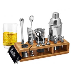 Kit Bartender Profissional 24 Peças em Aço Inoxidável com Suporte de Bambu, Barillio, Prata