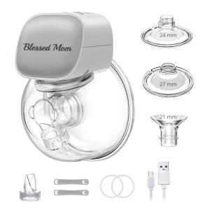 Bomba Tira Leite Única Elétrica Portátil e Recarregável com 2 Modos e 5 Níveis de Sucção, BLESSED MOM, Cinza