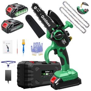 Mini Motosserra Elétrica sem Fio com 2 Baterias Recarregáveis e Correntes de 15cm, 800W Goldsea, Verde