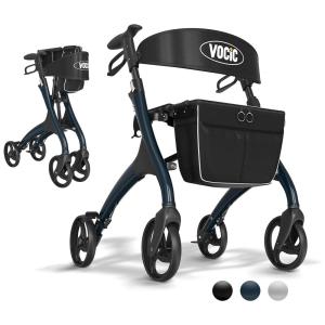 Andador para Idoso Dobrável até 136kg com Assento, Bolsa para Transporte e Encosto, VOCIC, Azul Púrpura