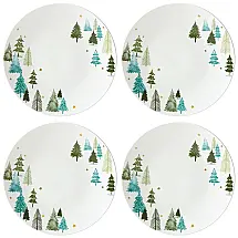 Conjunto de Pratos Rasos Jantar Natal com 4 Peças, Formato Redondo, Material de Porcelana e Tema de Floresta, LENOX 880068, Branco e Verde