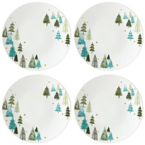 Conjunto de Pratos Rasos Jantar Natal com 4 Peças, Formato Redondo, Material de Porcelana e Tema de Floresta, LENOX 880068, Branco e Verde