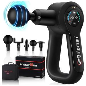 Massageador Pistola Elétrico Profissional Sem Fio 5 Acessórios e 6 Velocidades, BELOMAN, Preto