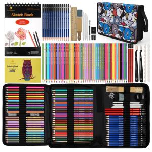 Kit de desenho 100 peças Daerthotk com lápis grafite, cor, aquarela, metálico, sketchbook 3 cores, livro para colorir e estojo