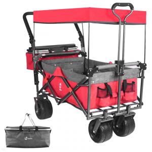 Carrinho Vagão Dobrável Multifuncional com Dossel Removível e Armazenamento, Napfox, Vermelho