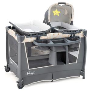 Berço Cercado Portátil com Colchão, Trocador de Fraldas, Bolsa, Brinquedos e Caixa de Música, INFANS, Creme e Cinza