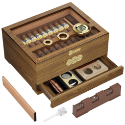 Umidor de Charutos LIHTUN com Tampa de Vidro, Higrômetro Digital e Gaveta para Acessórios – Modelo HJXMH-1