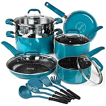 Jogo de Panelas e Frigideiras Antiaderentes em Alumínio com Utensílios, 15 Peças, MICHELANGELO, Azul Claro