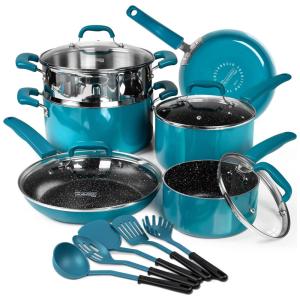 Jogo de Panelas e Frigideiras Antiaderentes em Alumínio com Utensílios, 15 Peças, MICHELANGELO, Azul Claro