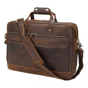 Bolsa Carteiro Masculina de Couro Grão Integral para Laptop com 17 Polegadas, Masa Kawa, Marrom