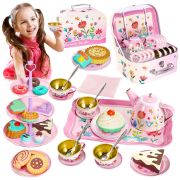 Jogo de Chá Infantil 43 Peças com Tema de Flores para Crianças Acima de 3 Anos, ShyLizard, Rosa