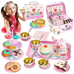 Jogo de Chá Infantil 43 Peças com Tema de Flores para Crianças Acima de 3 Anos, ShyLizard, Rosa