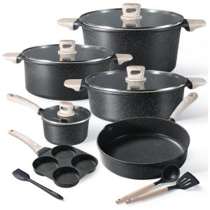 Conjunto de Panelas e Frigideiras Antiaderentes de Granito, 14 Peças, CAROTE, Marrom