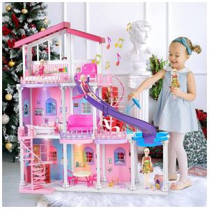 Casa de Bonecas com Piscina, Escorregador, Acessórios para Móveis, Luz e Música para Crianças de 3 a 12 Anos, HAPITOIZ, Rosa