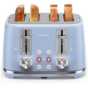 Torradeira Retro de 4 Fatias com 6 Níveis de Tostagem, Aço Inoxidável, 110V 1500W, Longdeem, Azul