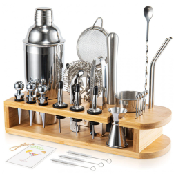 Kit Bartender Profissional 26 Peças em Aço Inoxidável com Suporte de Bambu, Semderm, Prata